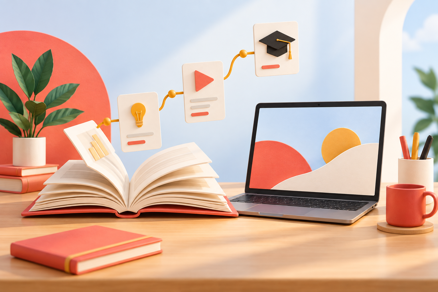 Illustration d'un livre ouvert et d'un ordinateur, accompagnés d'étapes d'apprentissage